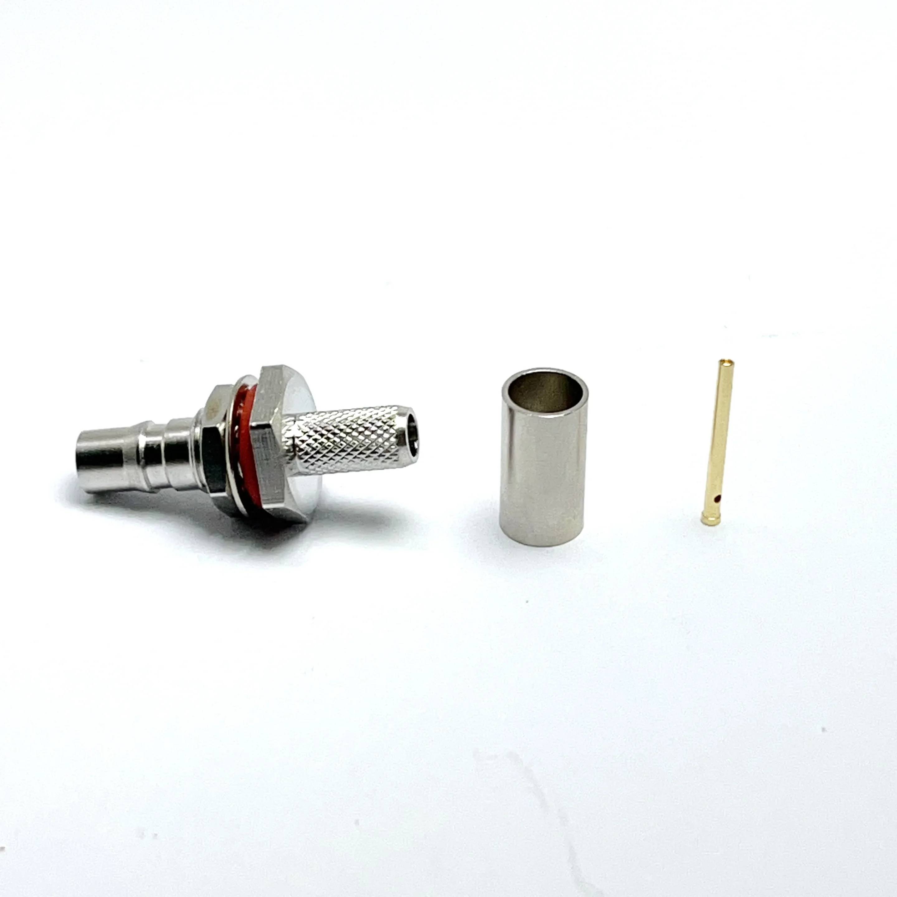 Werkseitiger HF-Kabelstecker QMA-Buchse mit Schottverschraubung und Mutter 195 RG58 200 RG400 RG142 RG223 Messing vernickelt