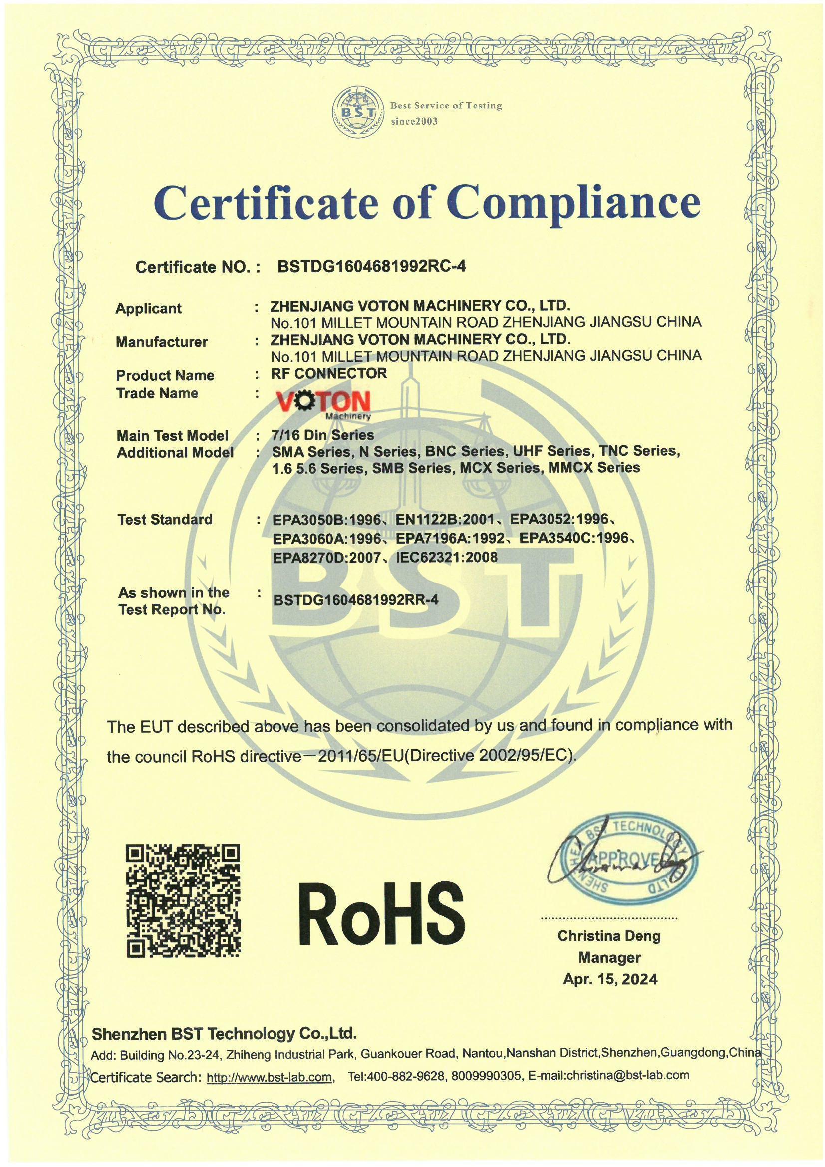 Connector ROHS Certification